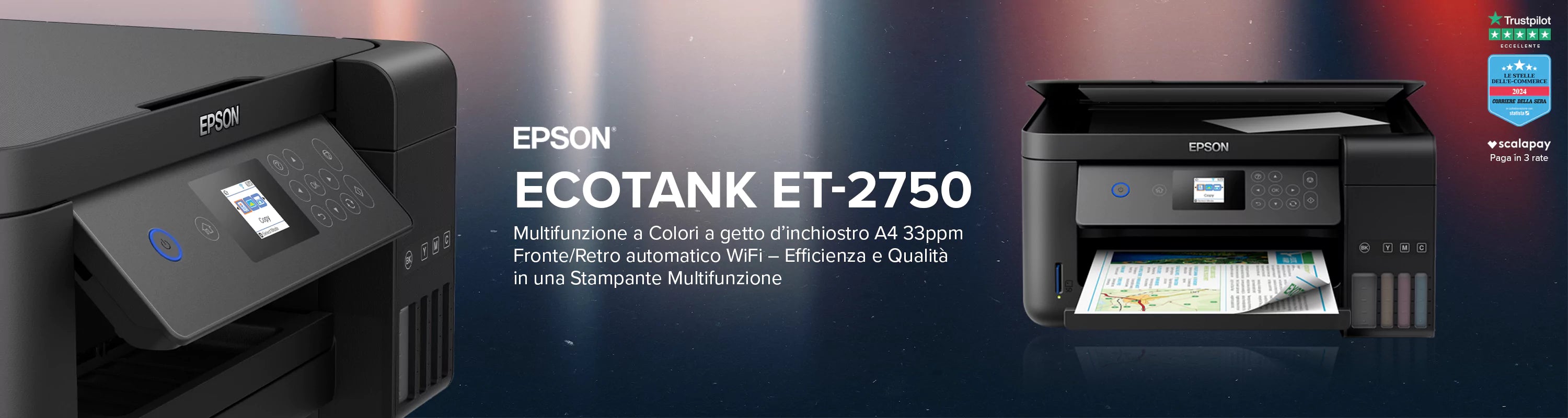 Epson EcoTank ET-2750 Multifunzione a Colori a getto d’inchiostro A4 33ppm Fronte/Retro automatico WiFi – Efficienza e Qualità in una Stampante Multifunzione