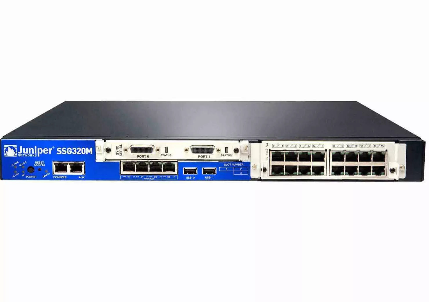 Juniper SSG-320M Gateway Firewall Secure Serv Gateway System, Basisspeicher (512 MB), 3 PIM-Steckplätze, AC-Netzteil, ScreenOS 19-Zoll-Rackmontage